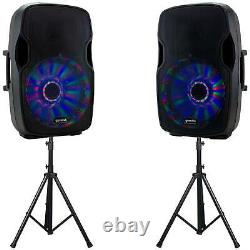 2 Gemini 15 Powered Pro DJ Bluetooth PA Active Loud Speakers w Lights & Stands