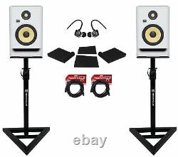 2 KRK RP8-G4 Rokit Powered 8 White Noise Studio Monitors+Stands+Cables+Earbuds