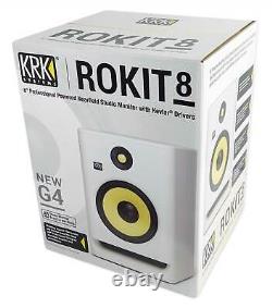 2 KRK RP8-G4 Rokit Powered 8 White Noise Studio Monitors+Stands+Cables+Earbuds